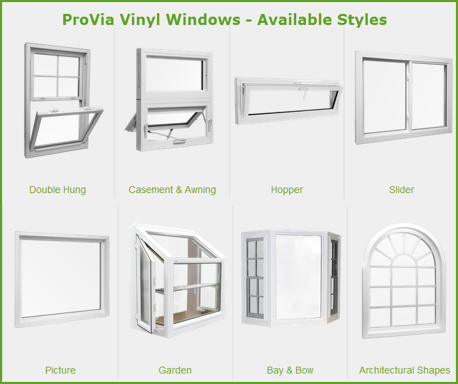 ProVia vinyl window styles including double hung, casement, awning, hopper, slider, picture, garden, bay and bow, and architectural shapes