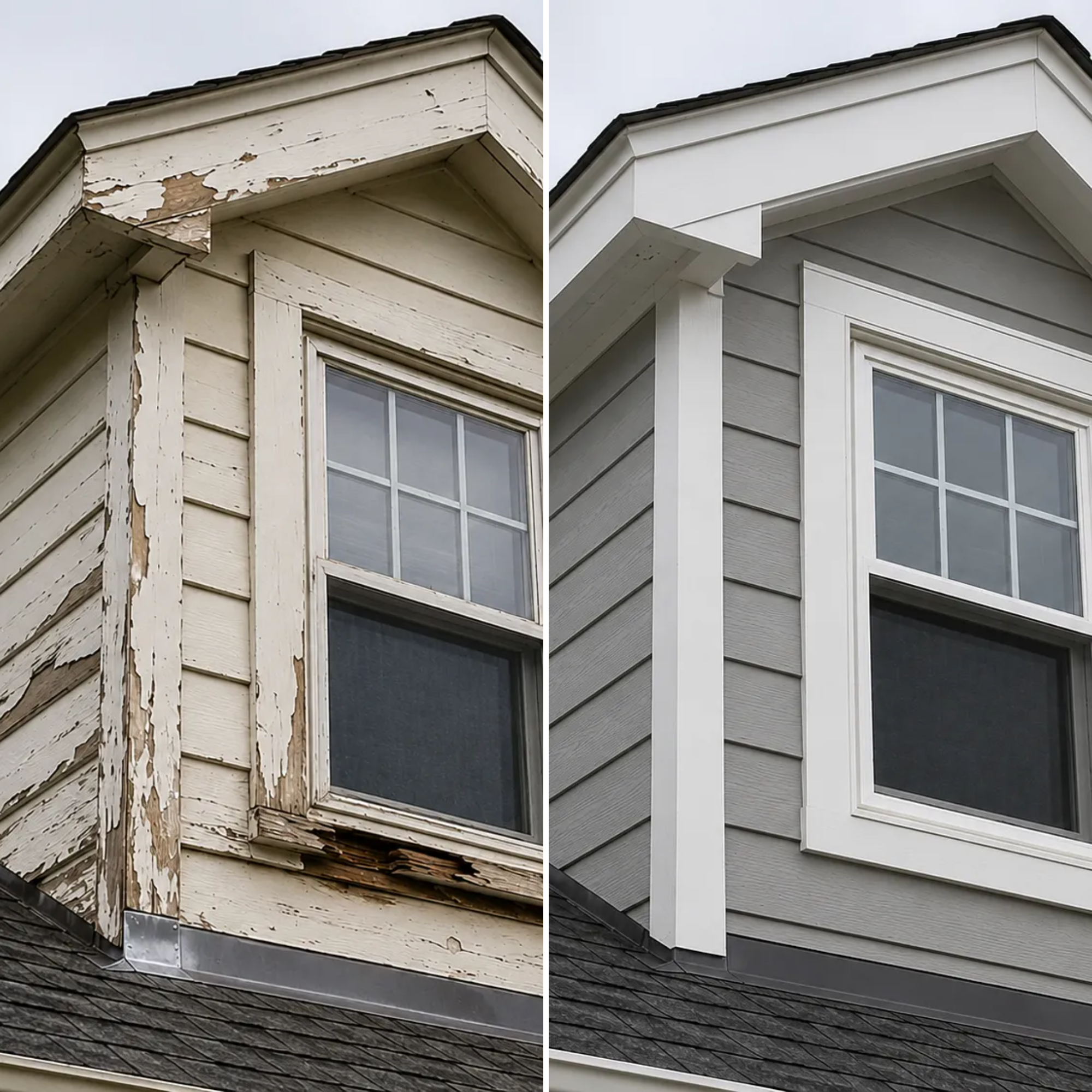 Side by side comparison of peeling rotted siding and trim next to the same gable finished with new gray siding and white trim