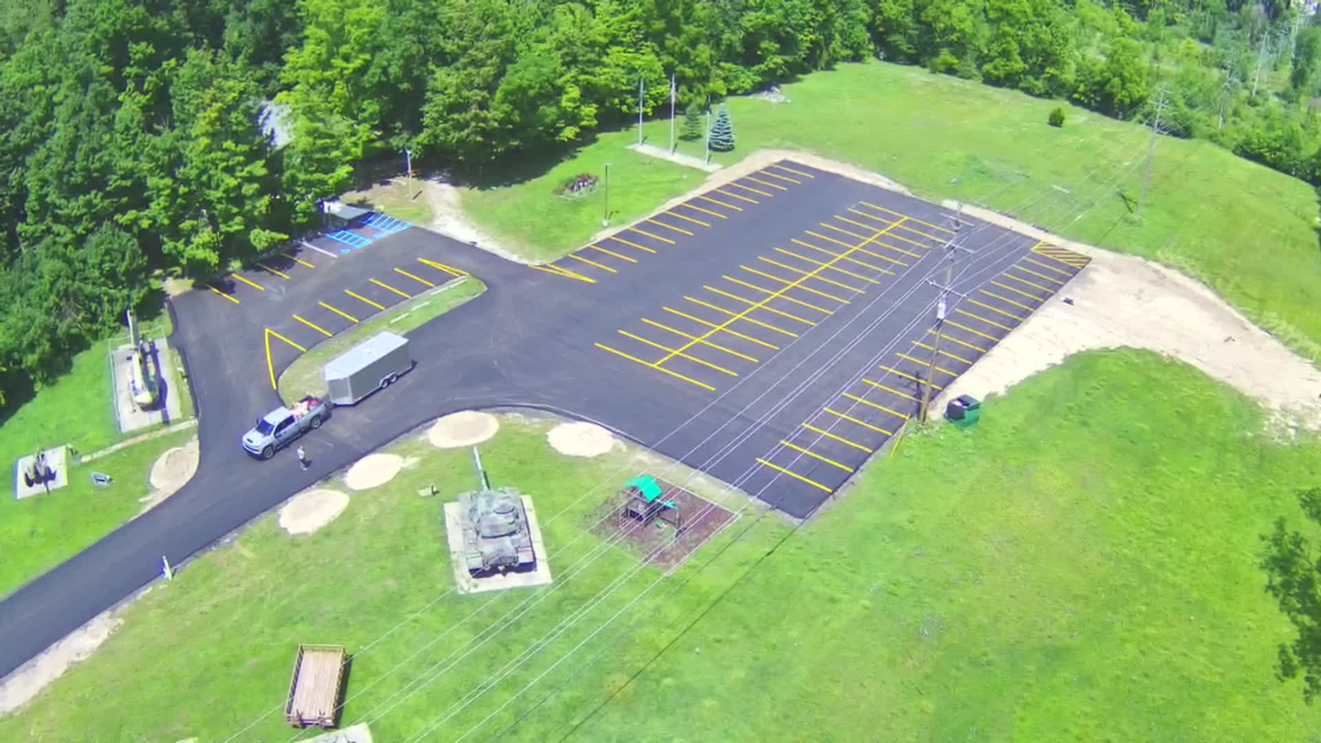 VFW memorial lot, freshly striped, aerial view