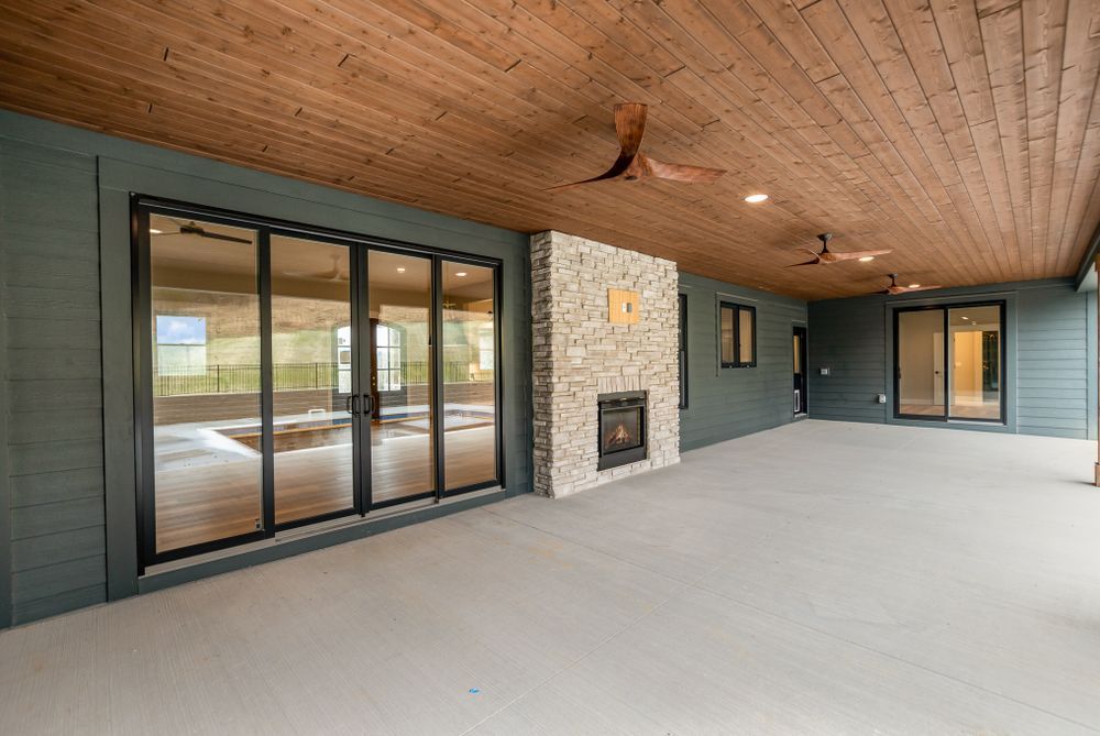 Deck and patio with fireplace