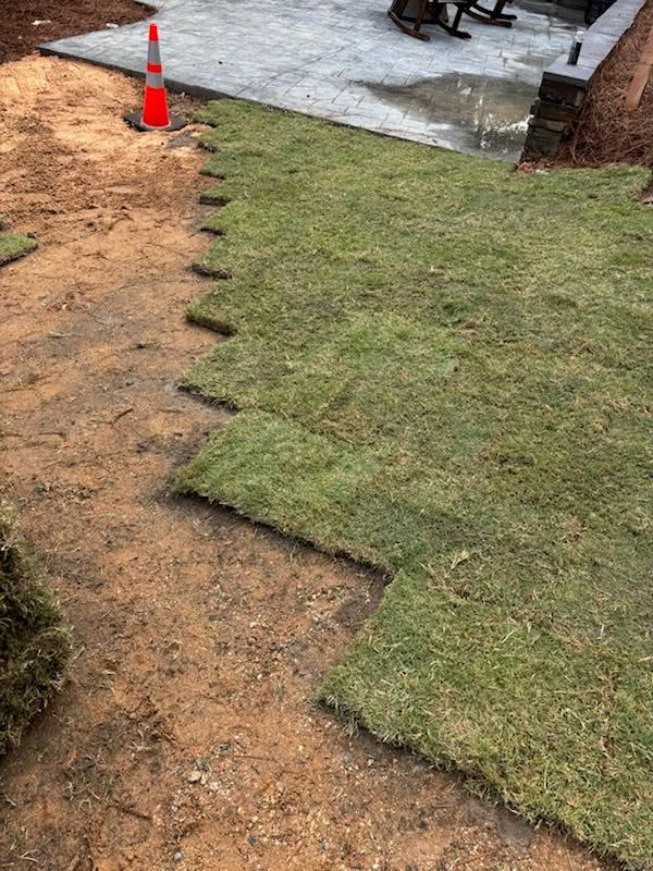 Fresh sod laid beside a new paver patio