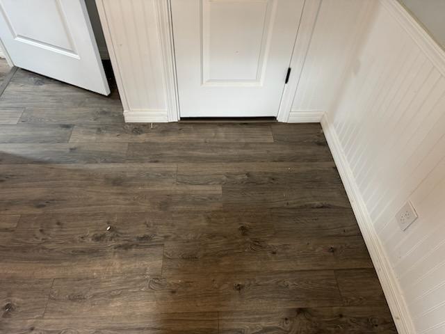 Dark brown plank flooring meeting white panelled doors in a mobile home entry