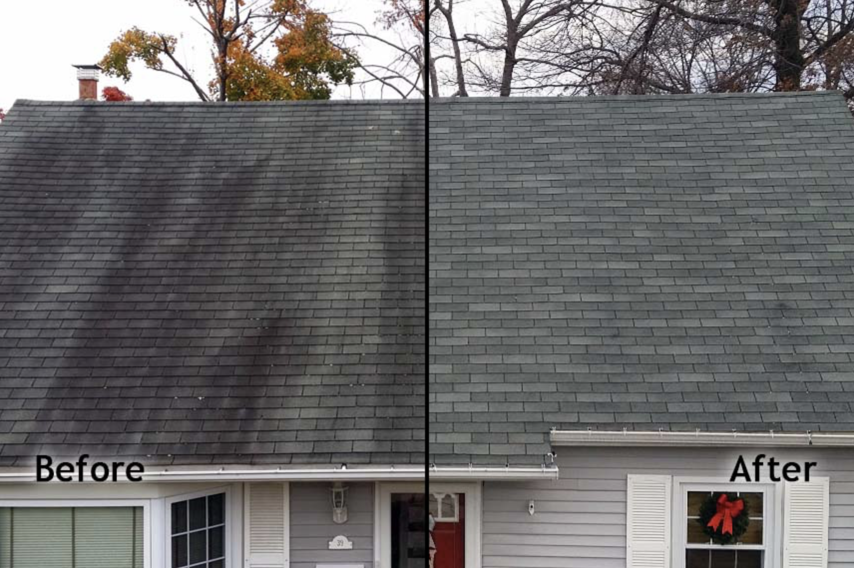 Roof cleaning before and after on a Greater Sudbury home
