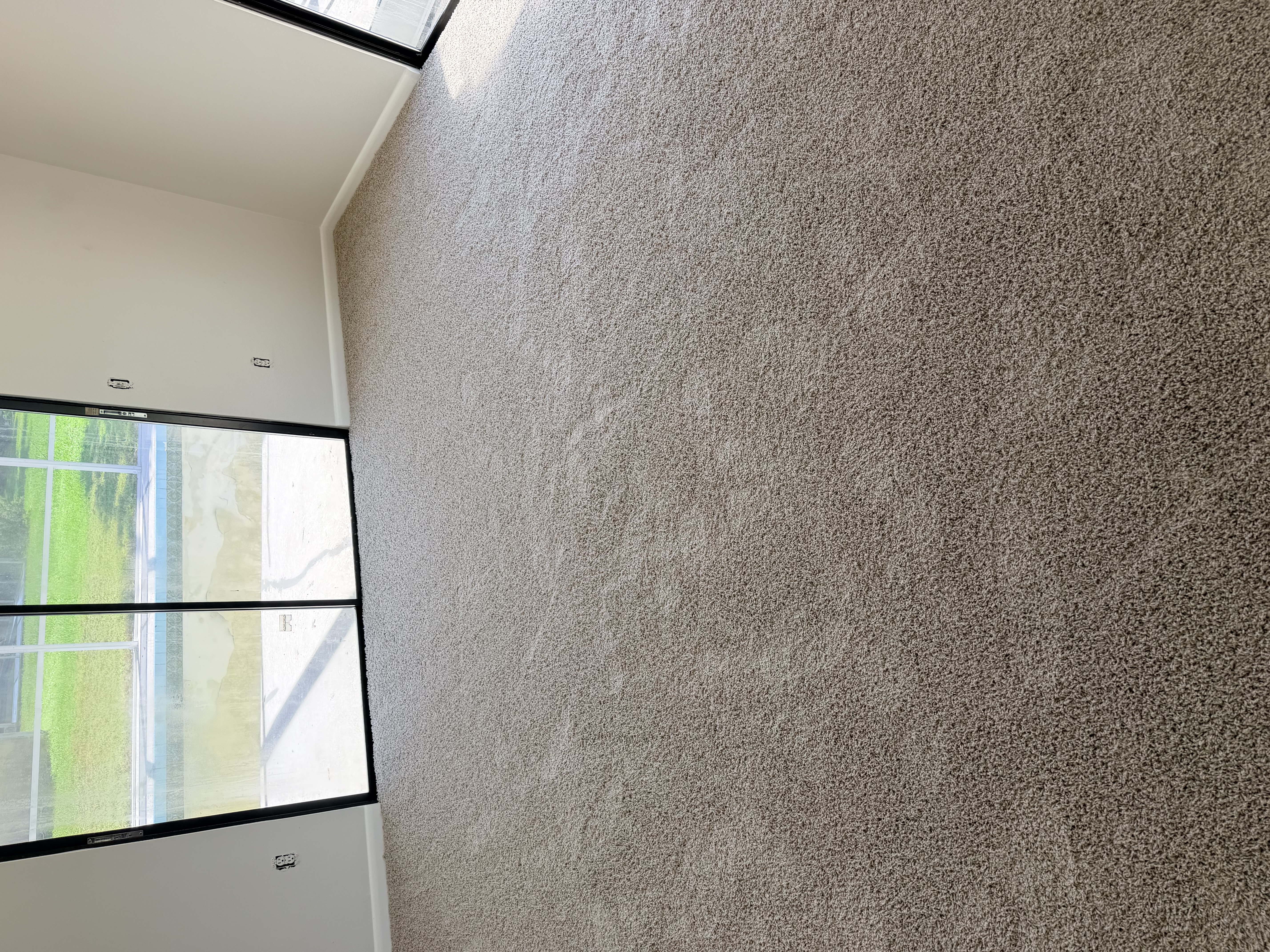 Tampa, FL great room with new taupe carpet and a sliding door to the pool