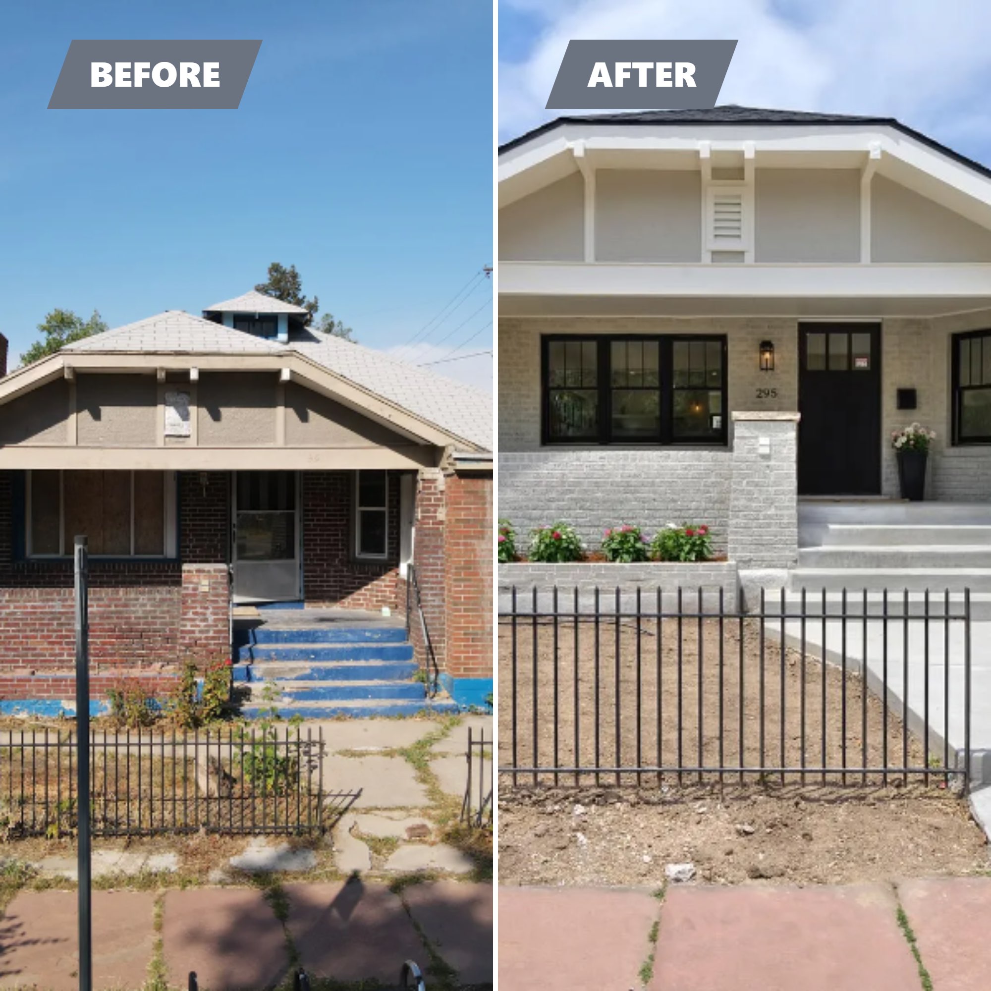 Before and after of the front of the 1893 bungalow: red brick and blue-painted steps on the left, pale gray brick and a black door on the right
