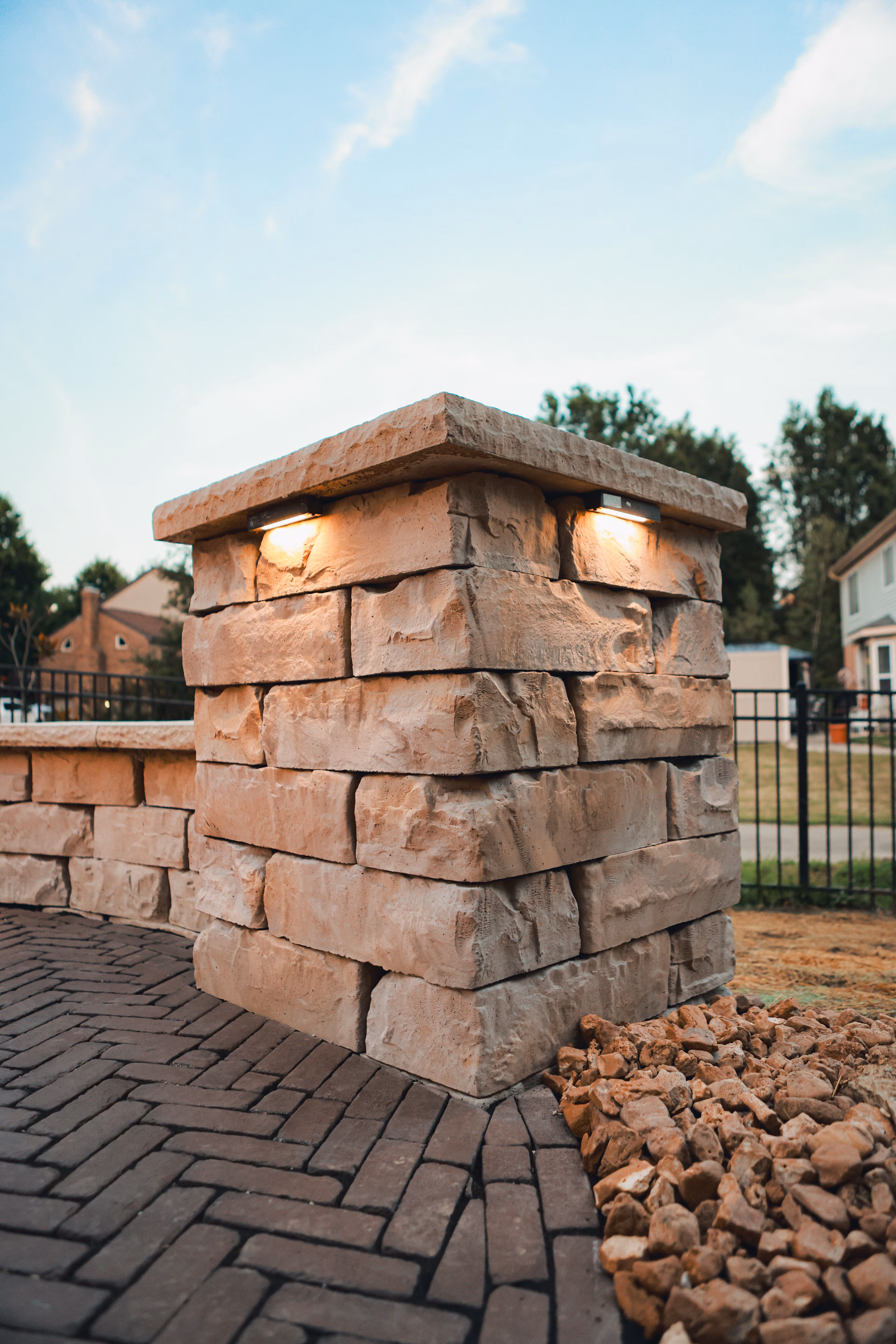 Custom Paver Patio with Fire Pit and Lit Walls in Union KY