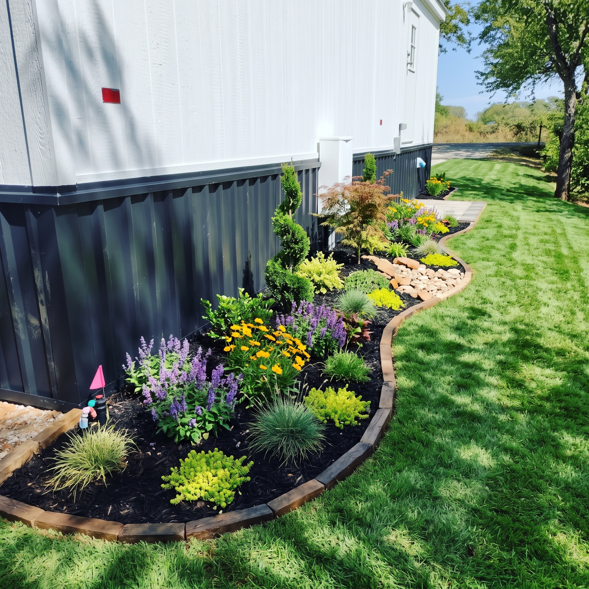 Finished metal skirting on a mobile home