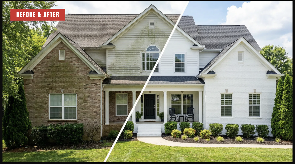 Before and after pressure washing: dirty algae-covered siding transformed to clean white siding