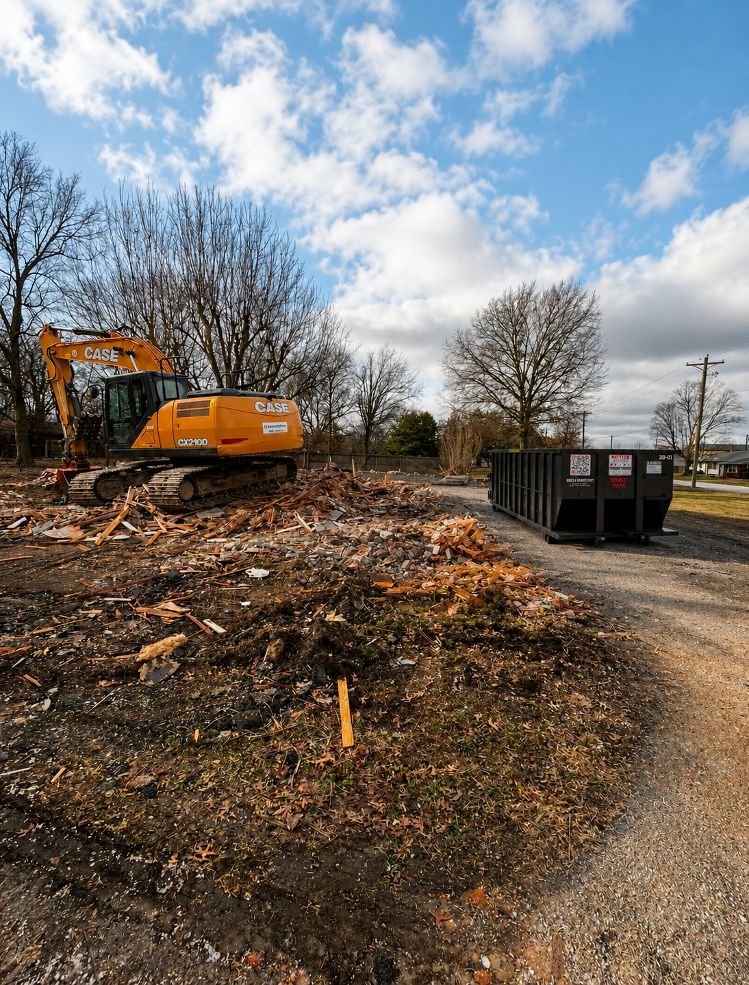 Demolition debris being cleared with an R2R roll-off dumpster staged on site