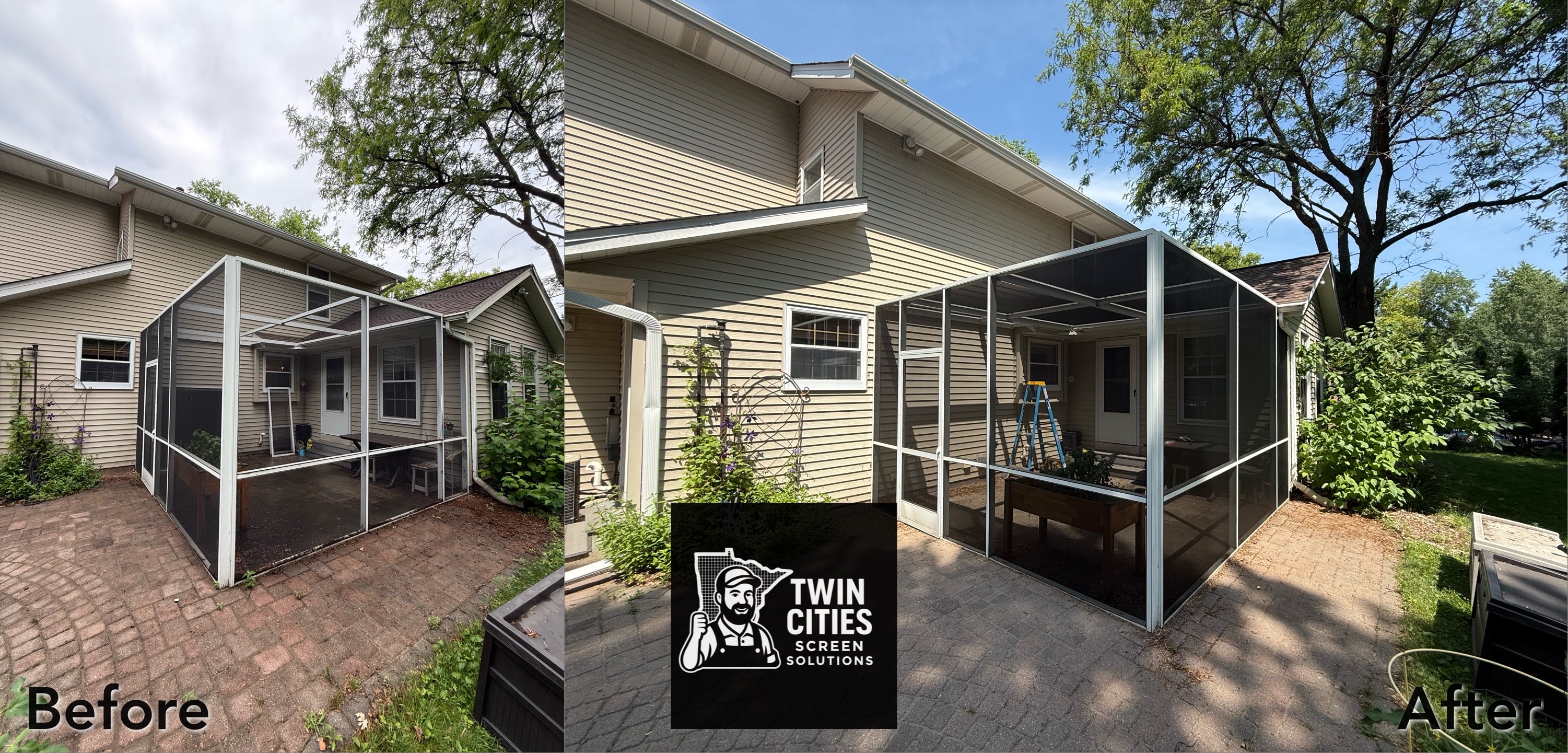 Before and after of a backyard screen enclosure on a brick paver patio. Before, the frame stands with its roof screening missing and a loose panel leaning inside. After, the walls and roof are fully screened and a screen door is in place.