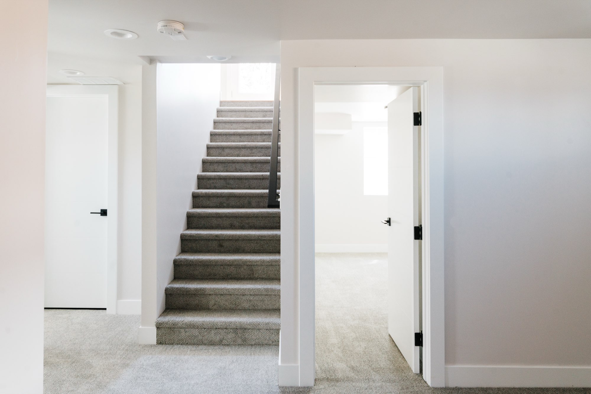 Carpeted stair with a black railing beside white interior doors with black hinges and handles