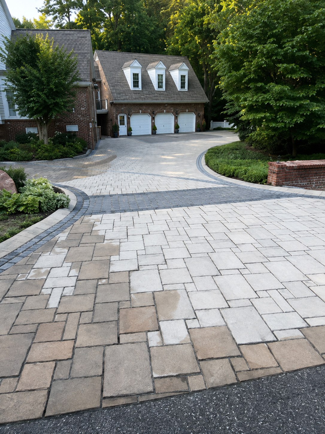 Paver driveway in Southern Shores, NC after surface cleaning, sanding and sealing