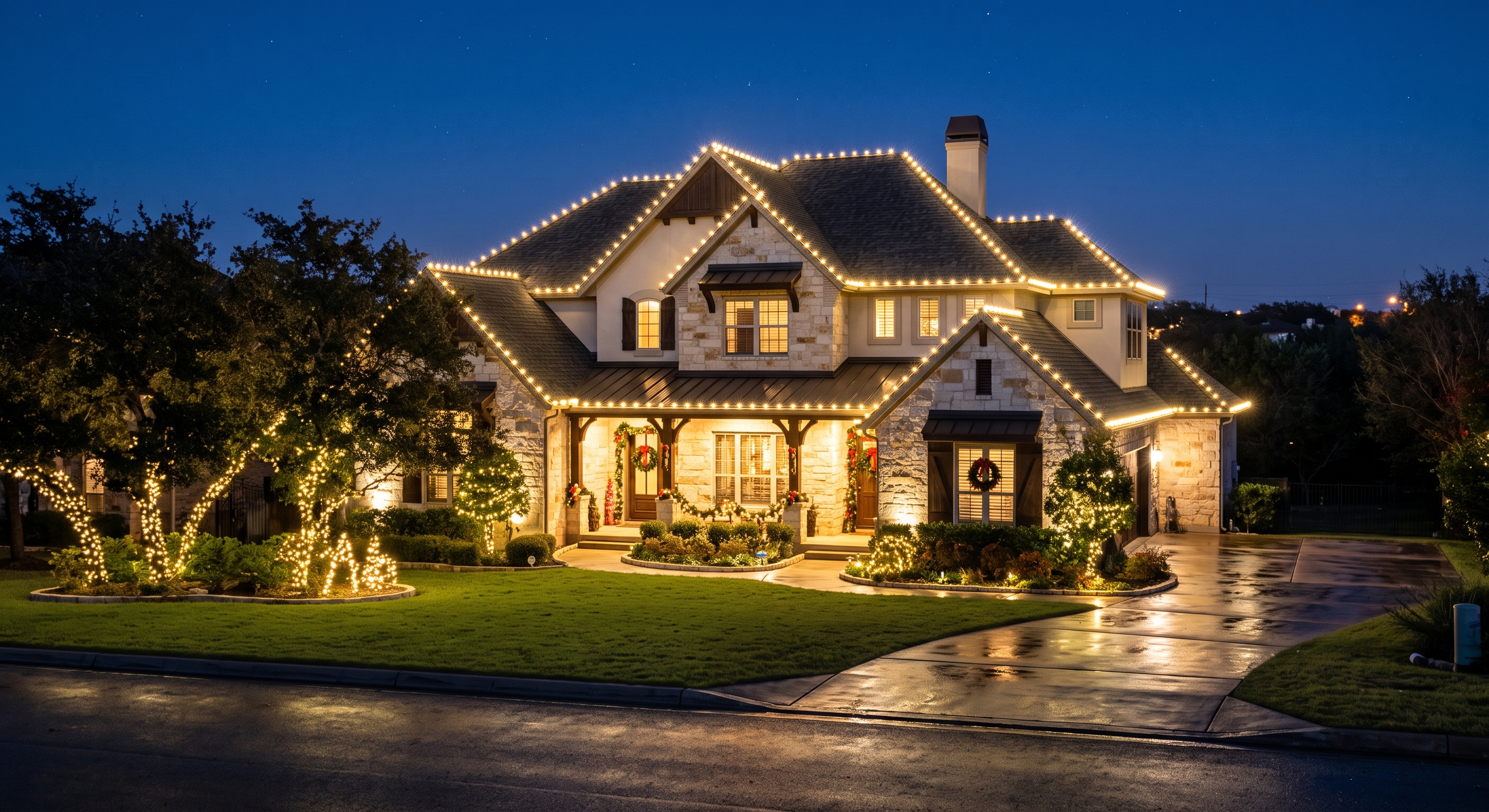 Two-story stone home at dusk with warm white lights along every roofline and gable, and lit trees and shrubs in the front yard