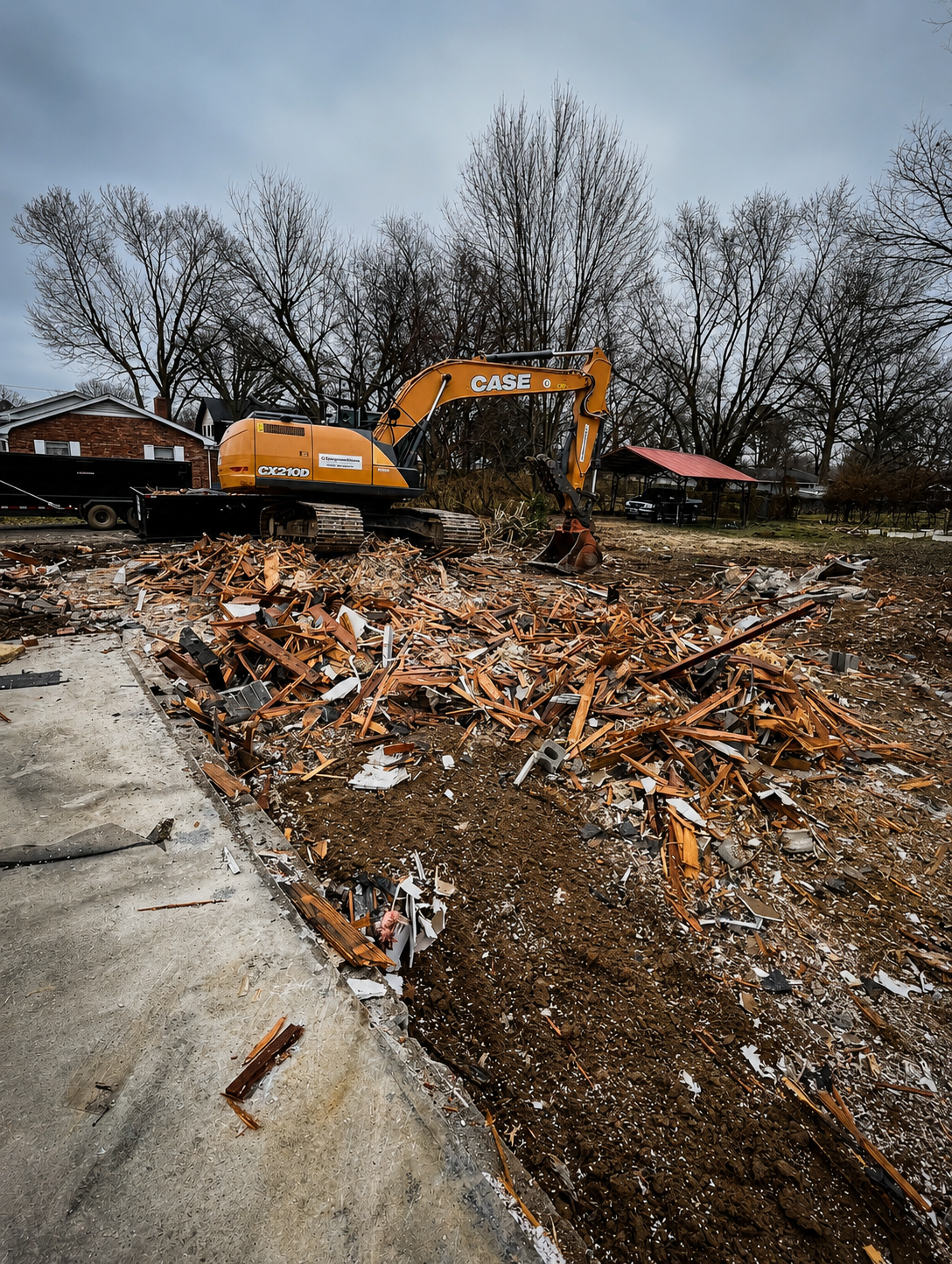 Excavator breaking down a structure with demolition debris piled on site in Northwest Arkansas