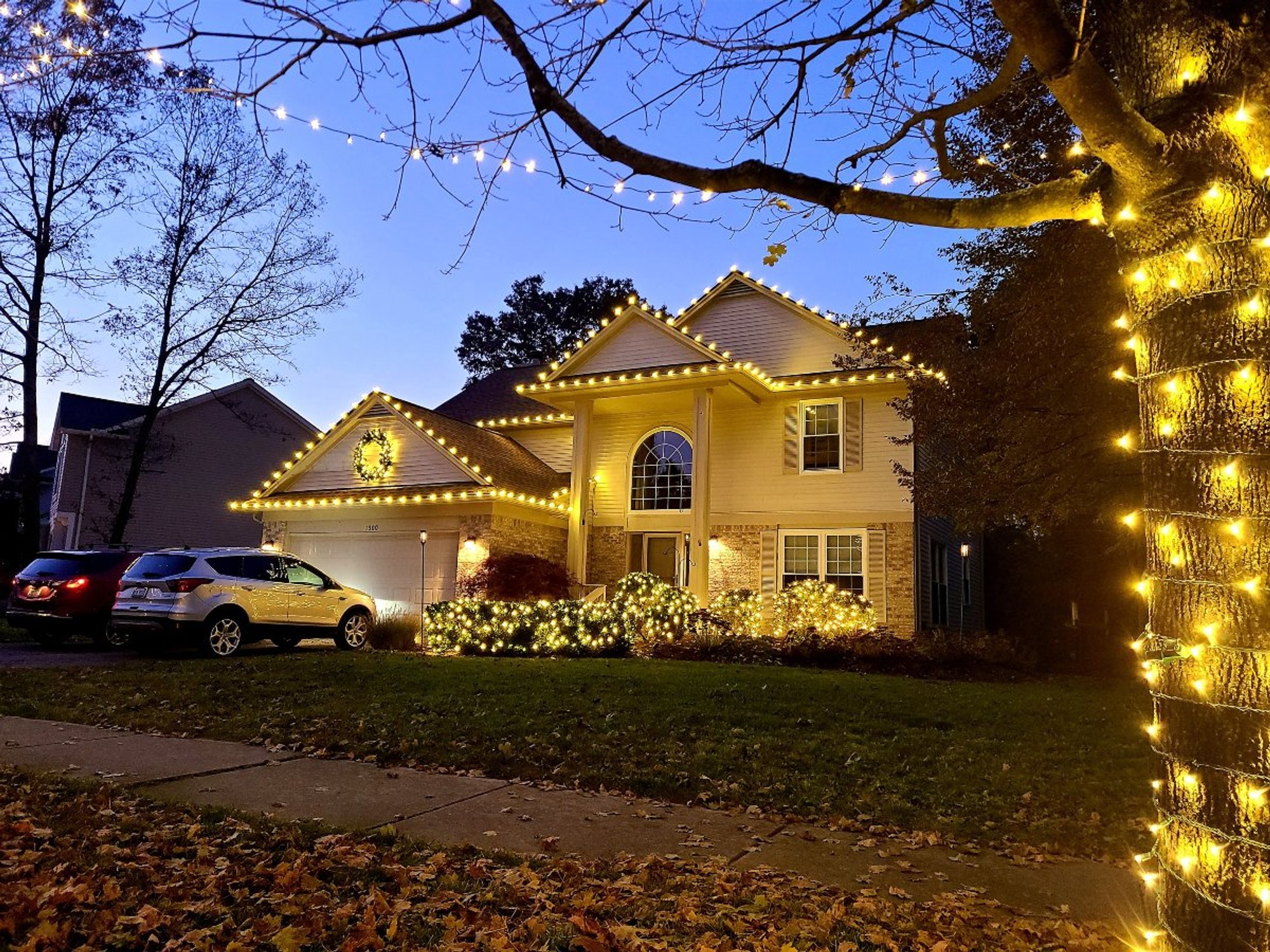 Warm white roofline and bush lighting on a home