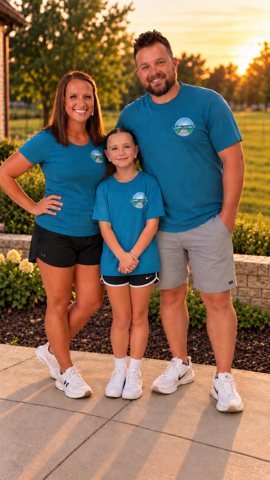 The Lawn Legacy family in matching blue shirts standing together at sunset
