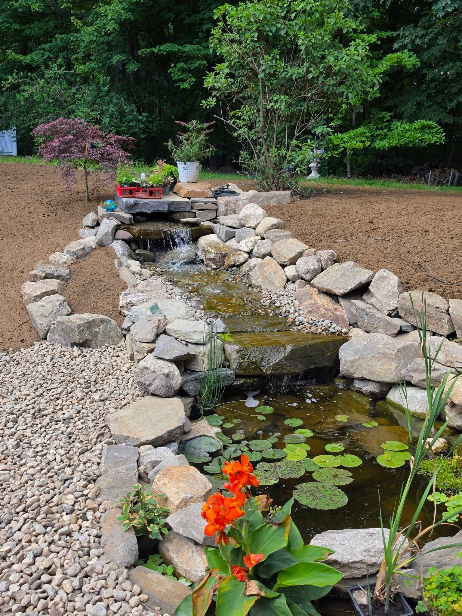 Outdoor koi pond and water feature installation in Groveland, MA