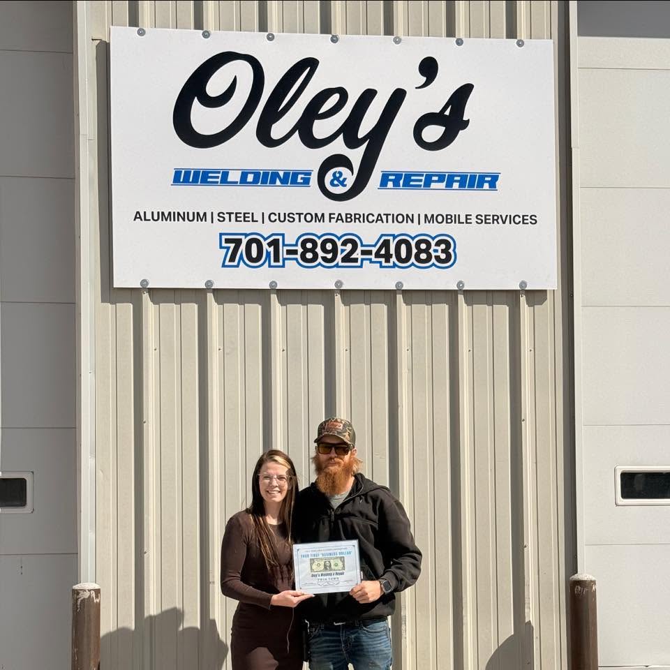 Alex Olson outside the Oley's Welding & Repair shop in Wahpeton