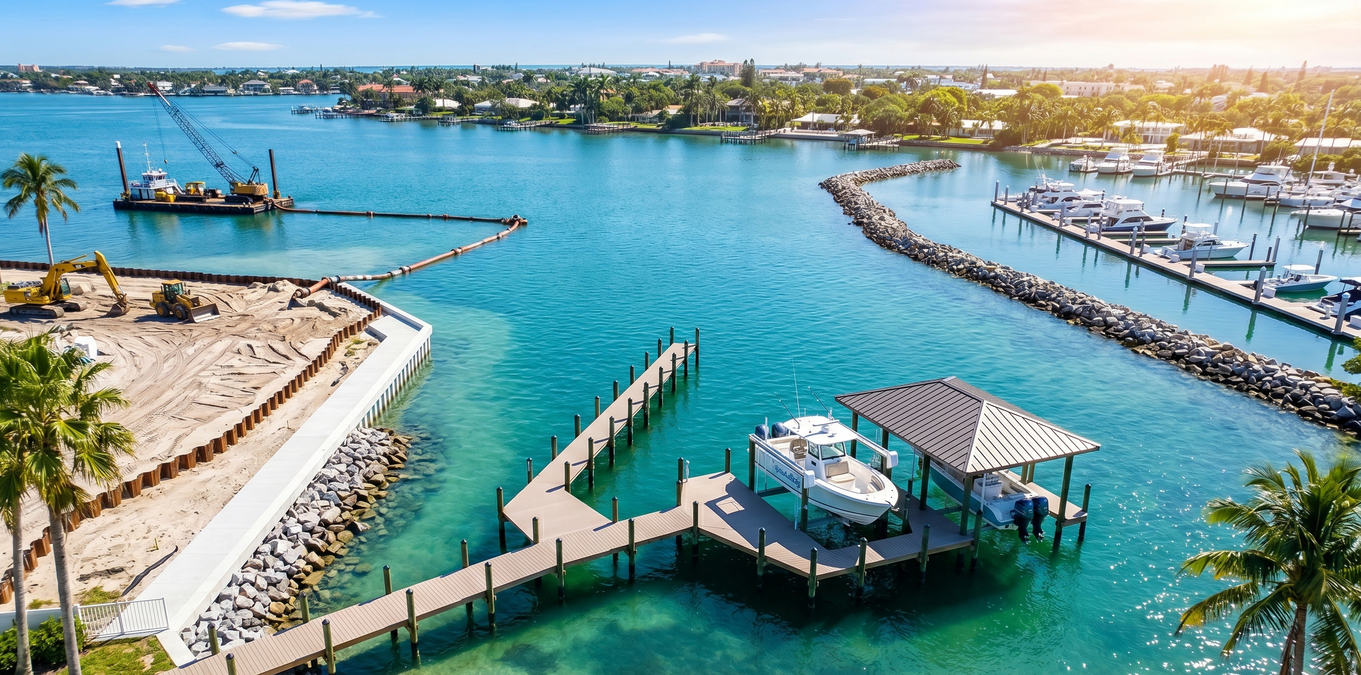 Aerial of a Florida panhandle waterfront — dredging, seawall, dock, boat lift, boat house, and marina built by Summit Marine Development