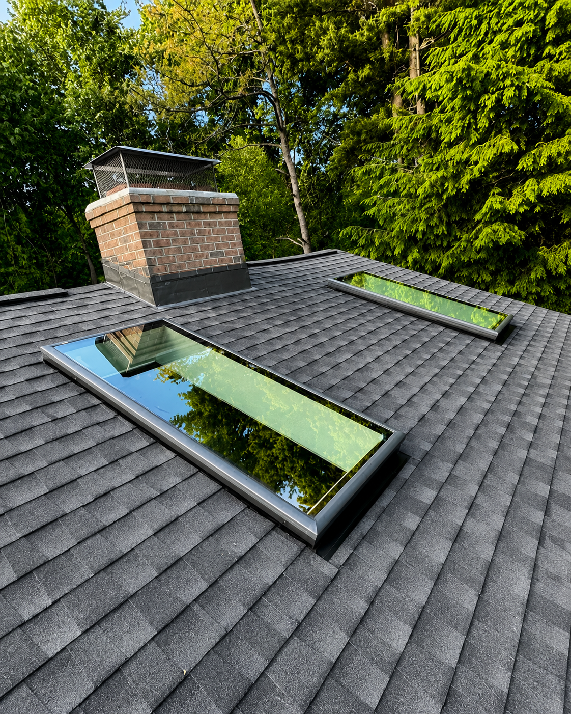 Two installed skylights on a finished shingle roof