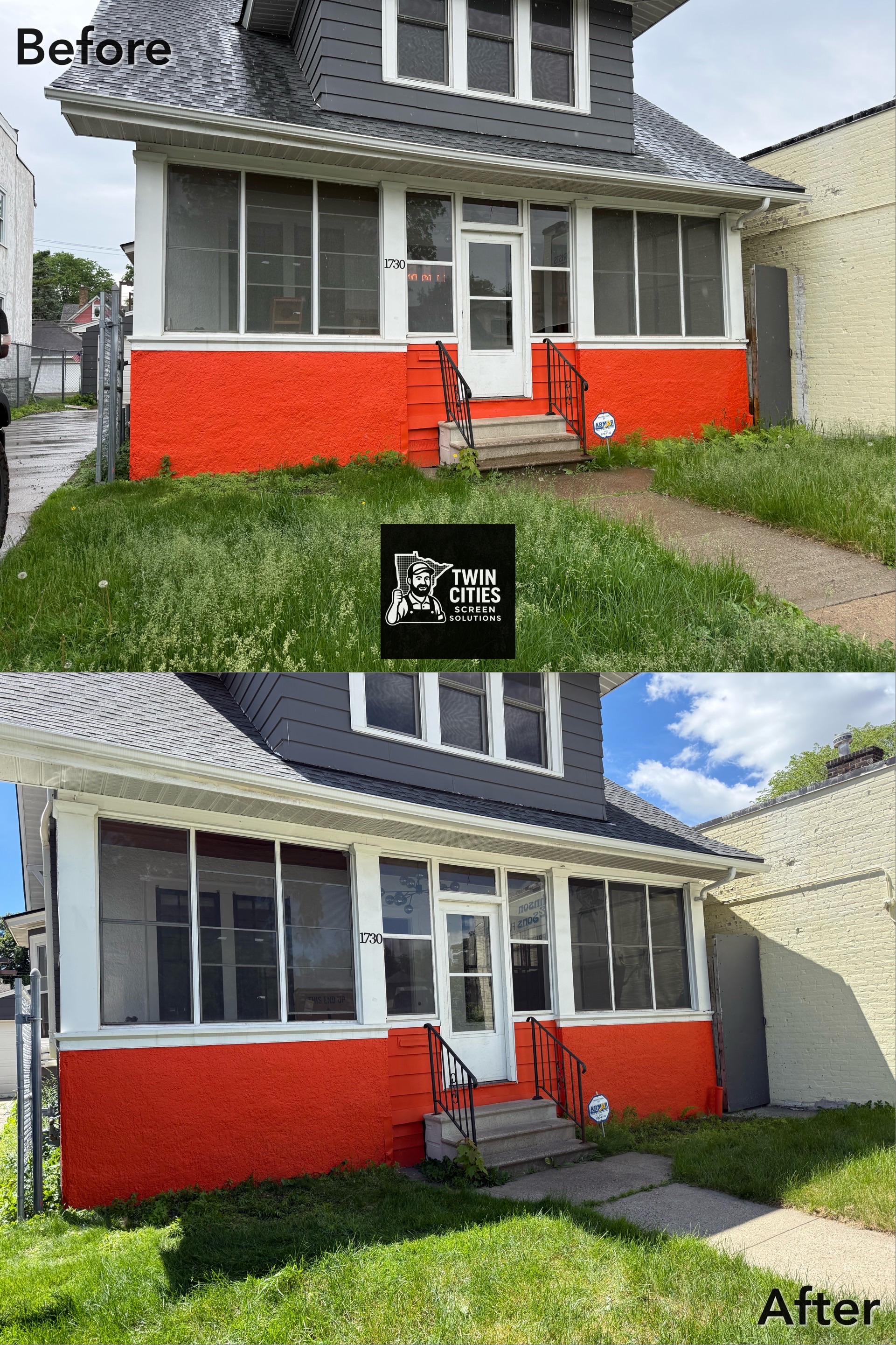 Before and after photos of an enclosed front porch with white trim and multi-pane panels across the front of a gray two-story house.